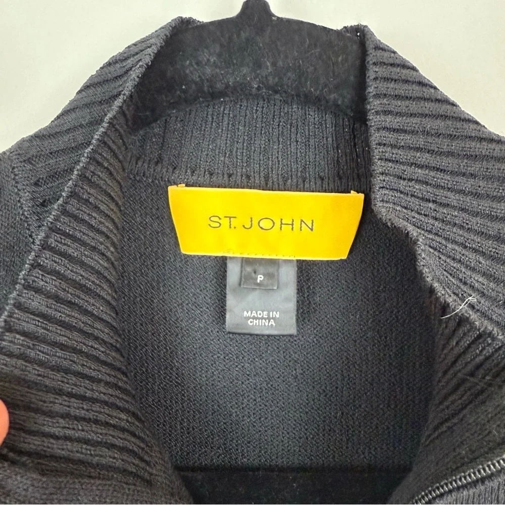 St. John Wool Blend Color Block Tan White Black Zip Up Mockneck Cardigan Sz S